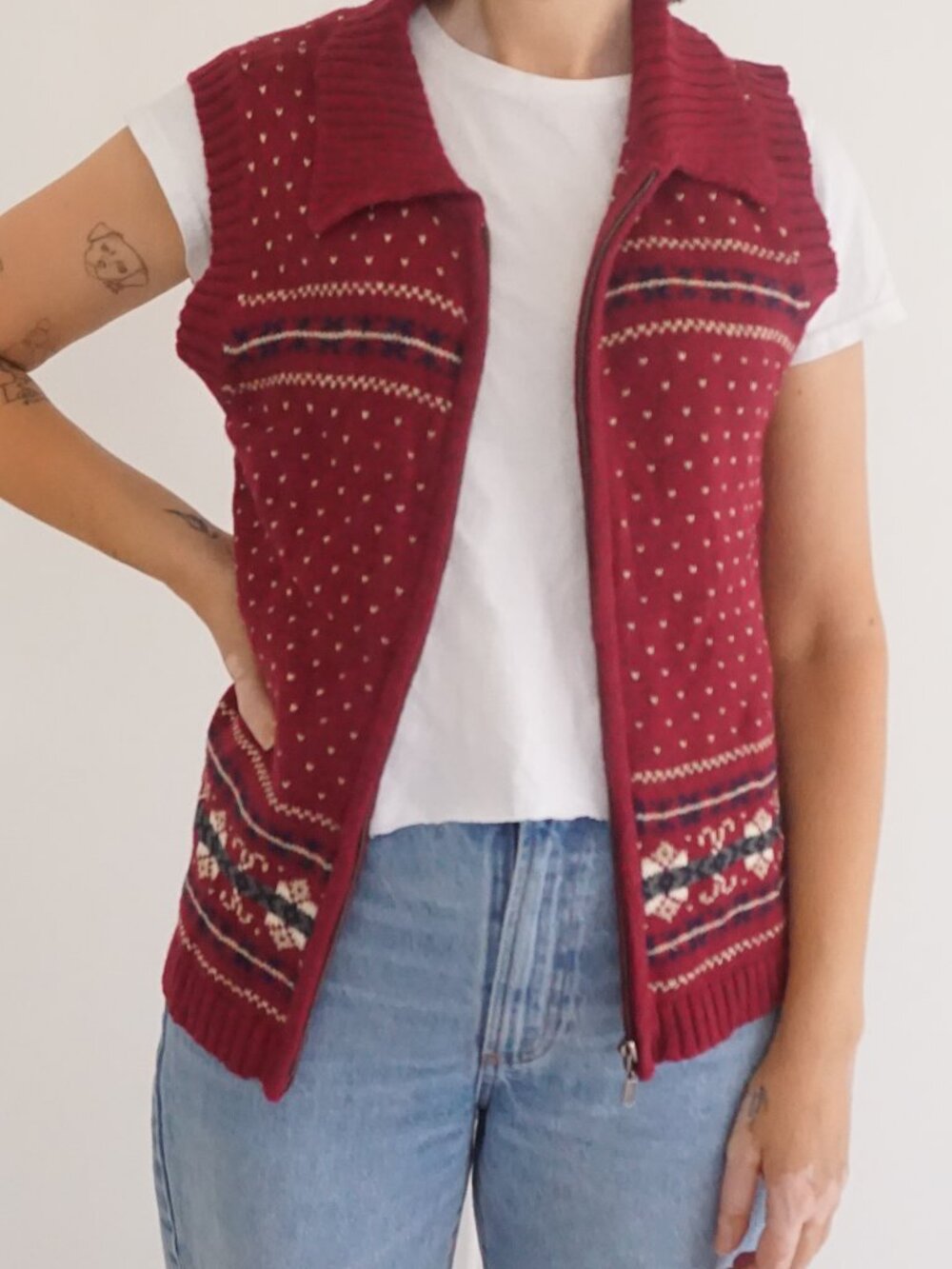 Vintage Cabin Creek Red Nordic Fair Isle Zip Front Sweater Vest Winter M